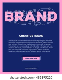 Vector template with illustration of brand word lettering typography with line icons on blue background. Branding concept. 3d line art style design for business poster, print, leaflet, advert