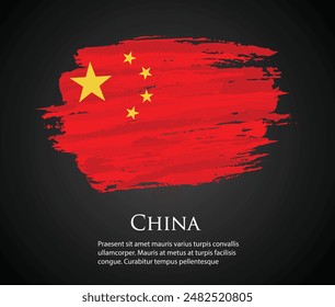 vector template Illustration China flag Asia country red yellow star brush paint watercolor hand drawn stroke and texture. Grunge vector isolated on black background	