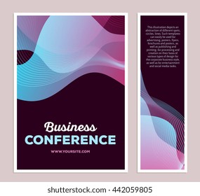 Vector template illustration of colorful abstract composition with text on black background, two vertical formats. Business conference concept. Flat art design modern style for poster, flyer, print
