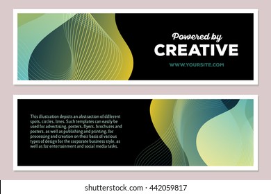 Vector template illustration of colorful abstract composition with text on dark background, horizontal format. Powered by creative concept. Front and back side. Flat art design modern style for web
