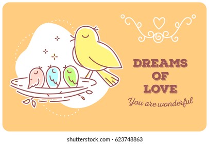 Vector template with illustration of cute bird family. Mother yellow bird and three baby birds sitting in the nest on orange background. Flat line art style bird for web, site, banner, greeting card
