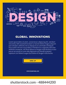 Vector template with illustration of design word lettering typography with line icons on blue background. 3d line art style design for business poster, print, leaflet, advert