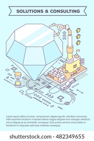 Vector template with illustration of diamond, hourglass and three dimensional mechanism with robotic hand and scheme. Professional polishing and faceting tools. 3d thin line art style leaflet design