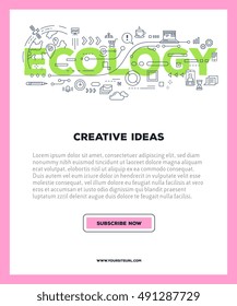 Vector template with illustration of ecology green word lettering typography with line icons on white background with pink frame. Line art style design for business poster, print, leaflet, advert