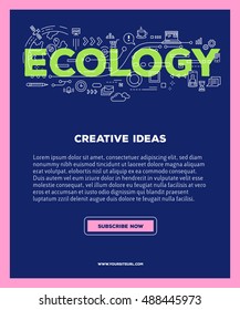 Vector template with illustration of ecology word lettering typography with line icons on blue background. 3d line art style design for business poster, print, leaflet, advert