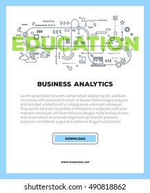 Vector template with illustration of education word lettering typography with line icons on white background with blue frame. 3d line art style design for business poster, print, leaflet, advert