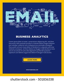 Vector template with illustration of e-mail word lettering typography with line icons on dark background. 3d line art style design for business poster, print, leaflet, advert