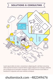 Vector template with illustration of envelope, hourglass and three dimensional mechanism with conveyor and monitor with scheme. Receiving, sending, sorting mail. 3d thin line art style leaflet design