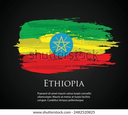 vector template Illustration Ethiopia flag Europe country red yellow green brush paint watercolor hand drawn stroke and texture. Grunge vector isolated on black background	