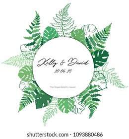 Vector template illustration with fern and monstera leaf. Isolated outline modern drawing of tropical plant.. Card with exotic palm leaves silhouettes. Design for banner, card, wedding invitation.