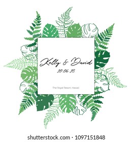 Vector template illustration with fern and monstera leaf. Isolated outline modern drawing of tropical plant.. Card with exotic palm leaves silhouettes. Design for banner, card, wedding invitation.