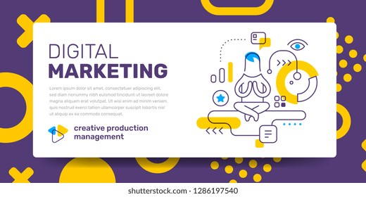 Vector template with illustration of flying guru man and icon on white background with text digital marketing. Line art style design with abstract pattern for web, site, banner, presentation