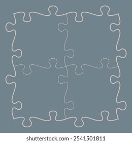 Vector template Illustration of four connected square foam puzzle pieces on a blue background, with prominent rounded joints forming the outline of each piece.
