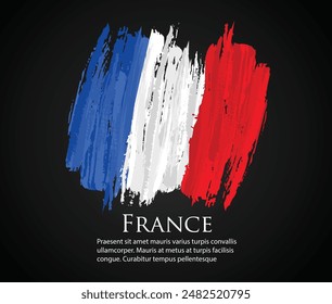 vector template Illustration France flag Europe country red white blue brush paint watercolor hand drawn stroke and texture. Grunge vector isolated on black background	
