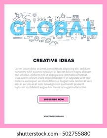 Vector template with illustration of global word lettering typography with line icons on white background. 3d line art style design for business poster, print, leaflet, advert