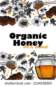 Vector template illustration. Graphic linear honey jar, honey dipper, bees, chamomile, honeycomb, clover, wild rose in engraving style