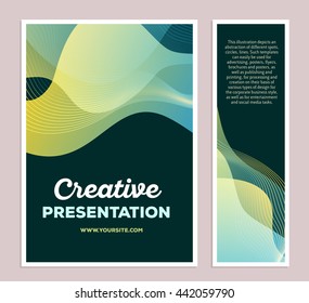 Vector template illustration of green colorful abstract composition with text on black background, two vertical formats. Creative presentation concept. Flat art design modern style for web, poster