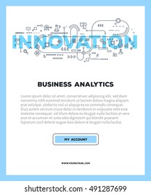 Vector template with illustration of innovation word lettering typography with line icons on white background with blue frame. Line art style design for business poster, print, leaflet, advert