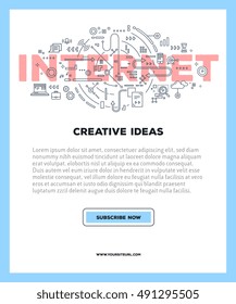 Vector template with illustration of internet word lettering typography with line icons on white background with blue frame. Line art style design for business poster, print, leaflet, advert