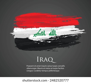 Vector template illustration of the Iraq flag. Asian country flag in red, white red green brush paint. Watercolor hand drawn stroke and texture. Grunge vector isolated on black background	