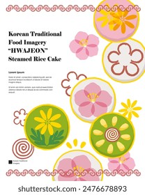 Vector template illustration of Korean Traditional Food, Hwajeon. Rice Cakes Decorated with Flower Petals and Various Ingredients	