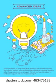 Vector template with illustration of light bulb, hourglass, three dimensional mechanism with robotic hand and scheme. Generation of energy and creative ideas. 3d thin line art style design of leaflet