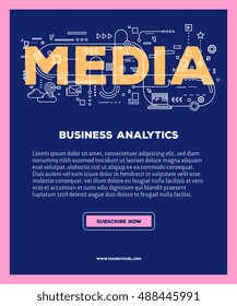 Vector template with illustration of media word lettering typography with line icons on blue background. 3d line art style design for business poster, print, leaflet, advert