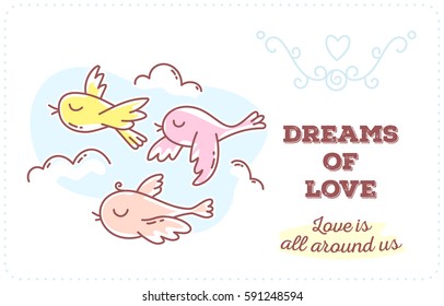 Vector template with illustration of migratory birds are back home in the spring with inscription. Flat line art style bird for print, web, site, gift card, romantic banner, greeting card