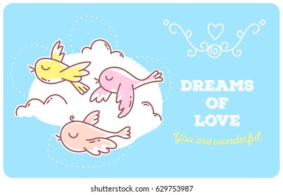 Vector template with illustration of migratory birds are back home in blue sky with clouds in the spring. Flat line art style bird for print, web, site, gift card, romantic banner, greeting card