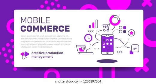Vector template with illustration of mobile phone and icon on white background with text mobile commerce. Line art style design with abstract pattern for web, site, banner, presentation