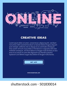 Vector template with illustration of on line word lettering typography with line icons on dark background. 3d line art style design for business poster, print, leaflet, advert