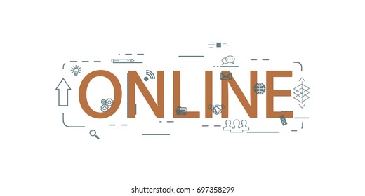 Vector template with illustration of online word lettering typography with line icons on white background. 3d line art style design for business poster, print, leaflet, advert