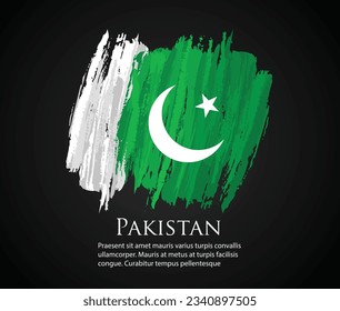 vector template Illustration Pakistan flag Asia country white star moon  green brush paint water color hand drawn stroke culture people texture. Grunge vector isolated on black background