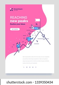 Vector template with illustration of people climbing the mountain with flag on pink background. Business way to success concept with text. Line art style design for web, site development, poster