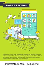 Vector template with illustration of phone, hourglass and three dimensional mechanism with conveyor and monitor with scheme. Apps coding, programming, engineering. 3d thin line art leaflet design