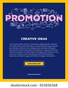 Vector template with illustration of promotion word lettering typography with line icons on dark background. 3d line art style design for business poster, print, leaflet, advert