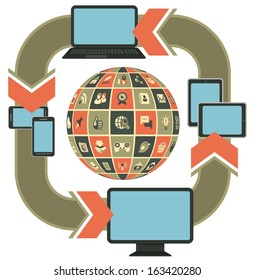 Vector template illustration of responsive web design on computer, laptop, tablet, smart phone with social networking icons in the form of sphere