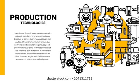 Plantilla vectorial con Ilustración de Máquina Retro de Producción de Productos y Espacio de Texto. Diseño de estilo de arte de línea Mecanismo complejo negro y blanco sobre fondo de color