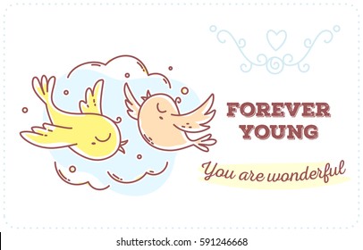 Vector template with illustration of romantic flying two birds in the sky with inscription. Flat line art style bird for print, web, site, gift card, romantic banner, greeting card