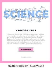 Vector template with illustration of science word lettering typography with line icons on white background. 3d line art style design for business poster, print, leaflet, advert