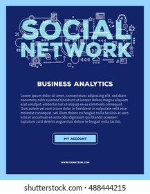 Vector template with illustration of social network word lettering typography with line icons on blue background. 3d line art style design for business poster, print, leaflet, advert