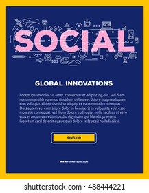 Vector template with illustration of social word lettering typography with line icons on blue background. 3d line art style design for business poster, print, leaflet, advert