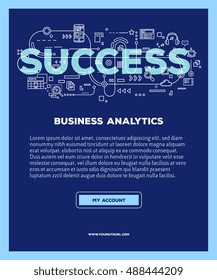 Vector template with illustration of success word lettering typography with line icons on blue background. 3d line art style design for business poster, print, leaflet, advert