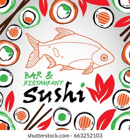 Vector template illustration with sushi, fish, rolls and chopsticks isolated on white background. Abstract japanese food collection