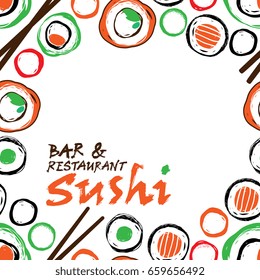 Vector template illustration with sushi, rolls and chopsticks isolated on white background. Abstract japanese food collection