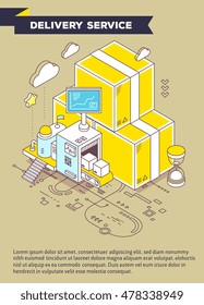 Vector template with illustration of yellow boxes, hourglass and three dimensional mechanism with conveyor and monitor with scheme. Delivery, sorting and storage of goods. 3d thin line art design