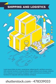 Vector template with illustration of yellow boxes, hourglass  and three dimensional mechanism with robotic hand on blue background with scheme. Delivery, sorting and storage of goods. 3d thin line art