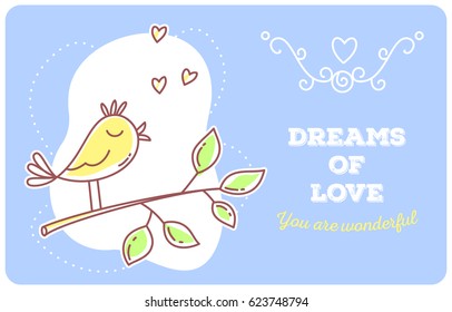 Vector template with illustration of yellow singing bird sitting on a branch with inscription on blue background. Flat line art style bird for web, wedding invitation, romantic banner, greeting card