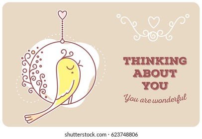 Vector template with illustration of yellow singing bird sitting on a elegant swings with inscription on color background. Flat line art style bird for print, web, site, banner, greeting card
