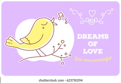 Vector template with illustration of yellow singing bird sitting on a branch with notes and inscription on color background. Flat line art style bird for print, web, romantic banner, greeting card
